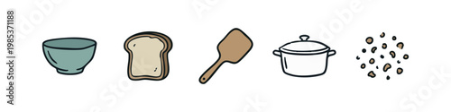 Cooking Icons: Bowl, Bread Slice, Spatula, Pot, Food Pellets