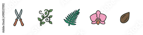 Gardening Icons: Pruning Shears, Vine, Fern Frond, Orchid, Almond