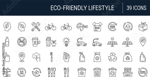 Eco friendly lifestyle icon set with sustainability recycling renewable energy and green living symbols in outline style