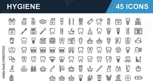 Dental hygiene icon set with teeth care dentist tools oral health and cleaning symbols in outline style design