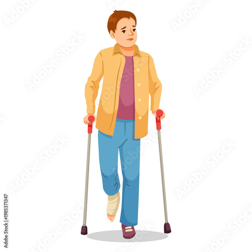 Injured boy on crutches with bandaged leg in simple graphic style on white background, concept of recovery. Vector illustration