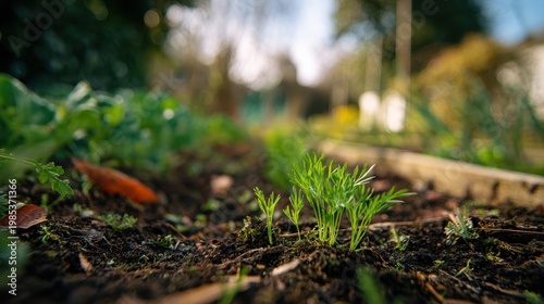 Close up of young green carrot sprouts emerging from dark rich soil in a garden bed on a sunny day with blurred background showing leafy vegetables and fencing