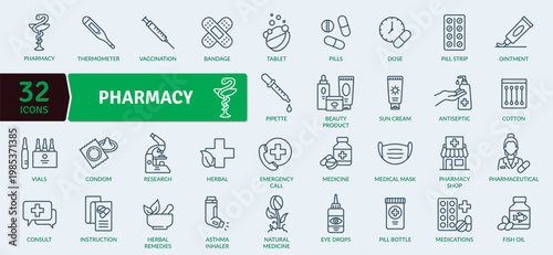 A set of 32 editable pharmacy icons for web and infographic use