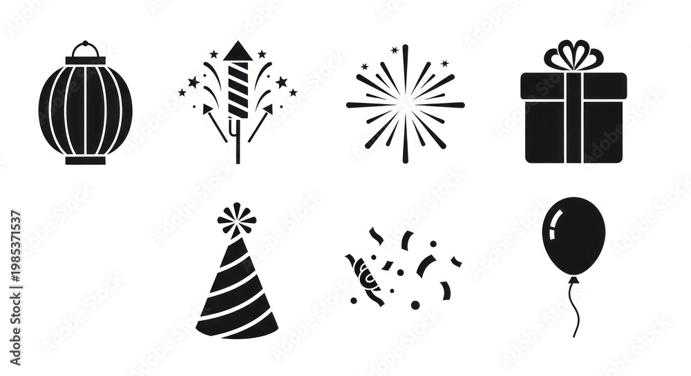 Naklejka premium Celebratory silhouettes party elements including fireworks gifts and balloons