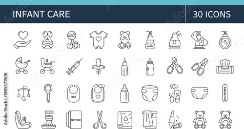 Infant care icon set with baby products feeding hygiene toys and childcare essentials in outline style for parenting design