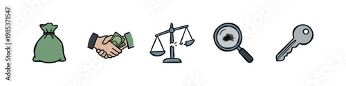 Hand Drawn Legal and Corruption Concept Icons - Money Bag, Bribe, and Broken Scale