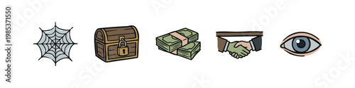 Hand Drawn Security and Financial Transaction Icons - Money, Web, and Handshake