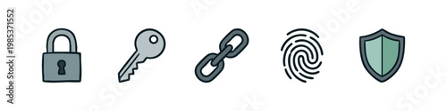 Hand Drawn Security and Identification Icons - Padlock, Key, Shield, and Fingerprint