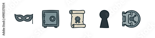 Hand Drawn Secret and Storage Icons - Safe, Mask, Scroll, and Keyhole