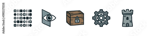 Hand Drawn Logic and Security Defense Icons - Code, Fortress, and Locked Chest