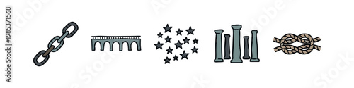 Hand Drawn Abstract Structures and Connection Icons - Broken Chain, Bridge, and Knot