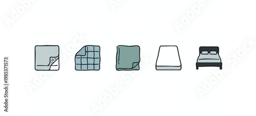 Hand Drawn Bedroom and Bedding Icons Set - Bed, Mattress, and Linens