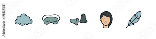 Hand Drawn Sleep Hygiene and Wellness Icons - Eye Mask, Earplugs, and Cloud