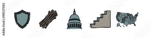 Set of hand drawn government and law icons featuring a shield, fasces, capitol dome, stairs and USA map