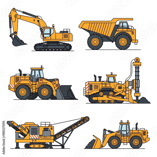 Construction Equipment Set: Excavator, Dump Truck, Bulldozer, Loader, Driller, Digger
