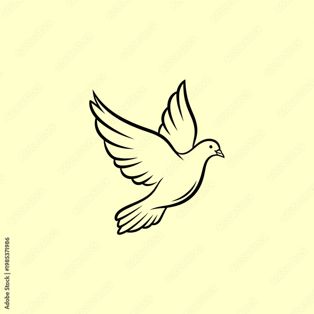 Fototapeta premium Elegant line art illustration of a flying dove, symbolizing peace and freedom, set against a soft, light yellow background