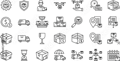 Logistics and delivery icon set with shipping boxes tracking warehouse and supply chain symbols in outline style design