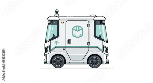 A white autonomous delivery robot van with a parcel logo and rooftop LiDAR sensor.