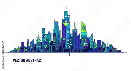 Abstract Cityscape Illustration with Geometric Shapes and Blue-Green Color Palette