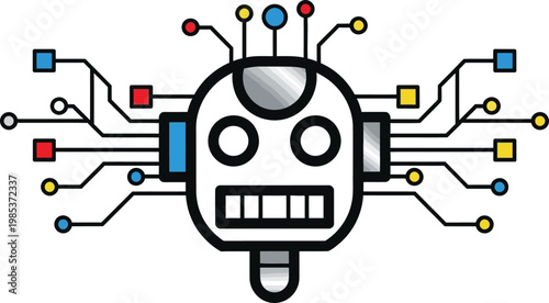 Robotic Head with Circuits and Colorful Nodes - AI Concept