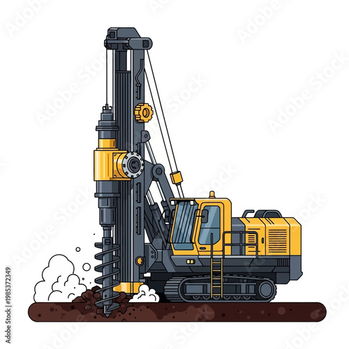 Heavy drilling rig machine on tracks digging into soil, construction equipment illustration