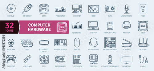 A set of 32 computer hardware icons in editable vector format