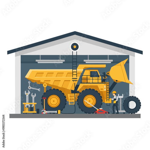 Heavy Duty Truck Repair in Garage: Mechanic Working on Mining Vehicle