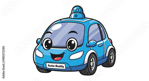 Adorable blue cartoon car with a friendly face and siren
