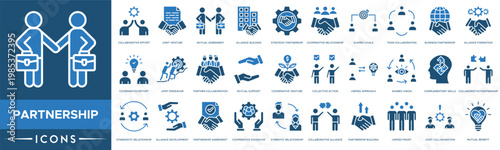 A set of blue partnership icons for business and collaboration use