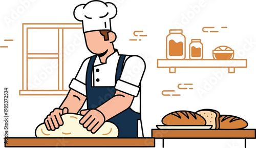 Baker Kneading Dough Professionally, Fresh Bread Baking