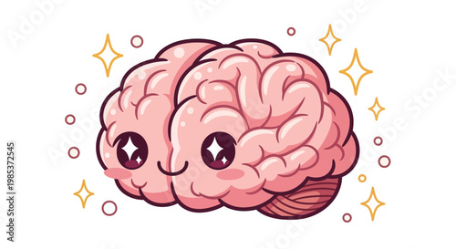 Adorable Kawaii Pink Brain with Sparkly Eyes and Happy Smile