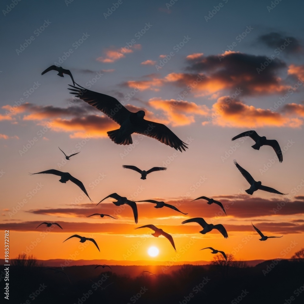 Fototapeta premium Flock of birds flying against vibrant sunset with orange clouds