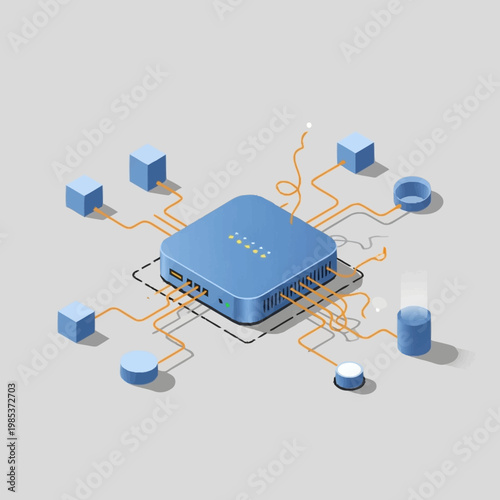 Conceptual illustration of a blue computer router with network connections.
