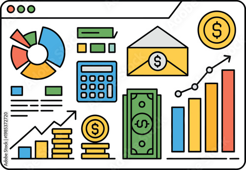 Visual representation of financial analytics and business performance metrics, vector concept showing dashboards, charts, and KPI indicators, representing data-driven insights, performance tracking, 