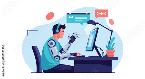 Modern man with a bionic robotic arm working on a desktop computer in a creative office environment with abstract shapes.