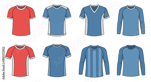 Collection of various blue and red t shirts.