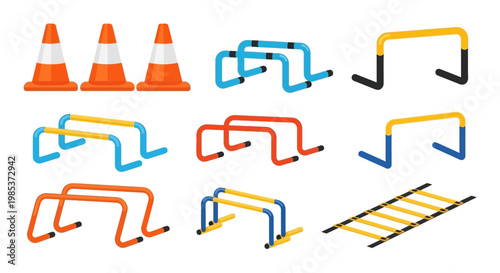 Colorful agility hurdles and cones.