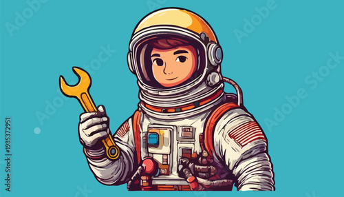 Cartoon Astronaut Repairing Spaceship with Wrench in Space.