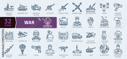 A set of 32 editable war icons in a clean line style