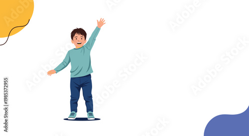 Cheerful young boy in a blue long-sleeve shirt and jeans waving his hand happily against a colorful abstract background.