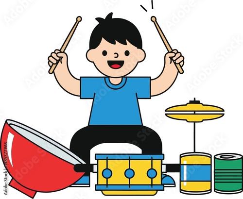 Happy Boy Playing Drums, Music Fun, Kids Entertainment, Percussion Instrument