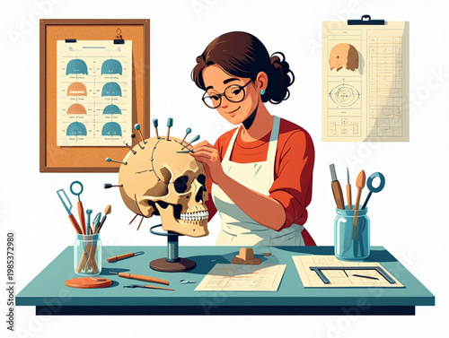 Forensic Facial Reconstruction Specialist Sculpting Clay on Skull with Tissue Depth Markers