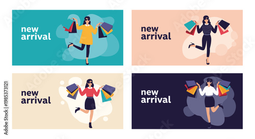 Set of shopping banners featuring a stylish woman with many colorful shopping bags against various abstract backgrounds.