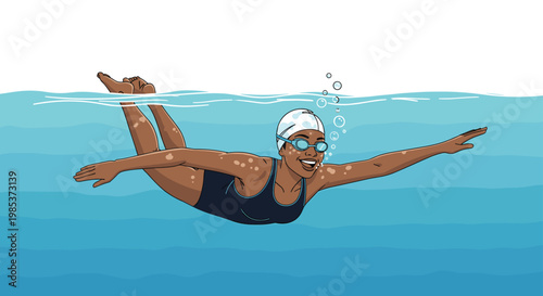 Athletic Black woman in a blue swimsuit and goggles swimming underwater in a bright blue pool with air bubbles around.