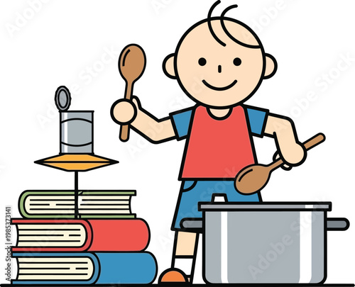 Child learning to cook, with books and pot, educational fun