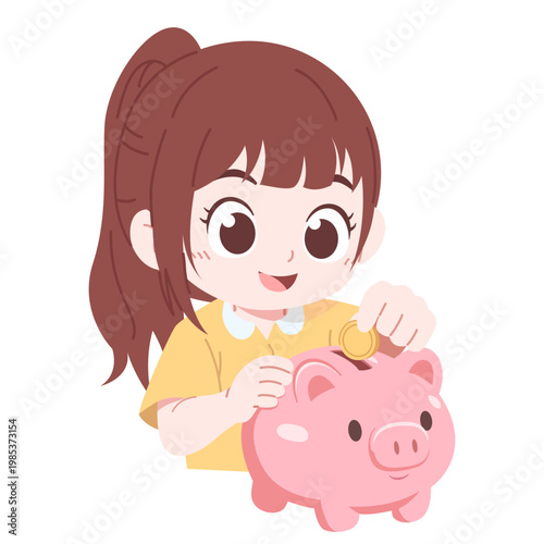 illustration of a cute girl saving money in a piggy bank