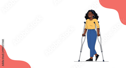 Resilient Black woman in a yellow shirt and blue jeans confidently walking with the help of medical crutches after injury.