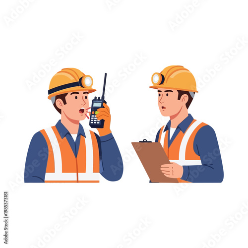 Construction Workers Discussing Plans with Walkie-Talkie and Clipboard