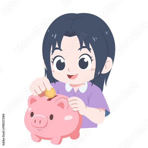 illustration of a cute girl saving money in a piggy bank