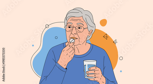 Elderly woman with gray hair holding a glass of water and preparing to take her pill for daily medical treatment.